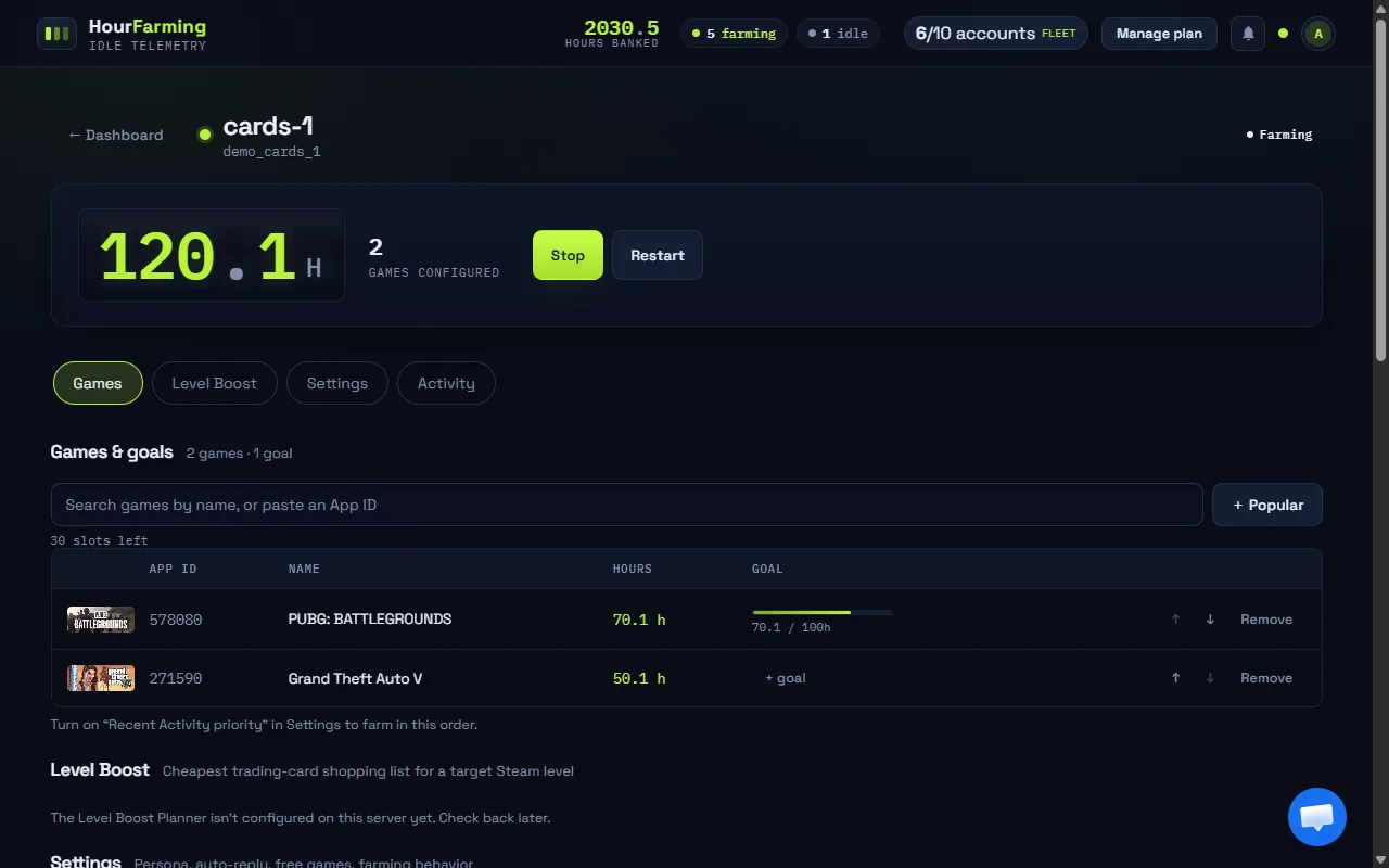 HourFarming games editor: up to 32 Steam games per account with per-game hour goals