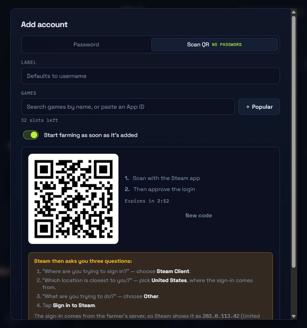 Add a Steam account to HourFarming by scanning a QR code with the Steam Mobile app — no password entered
